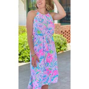 Lilly Pulitzer Mabry Midi Dress Womens S Pink Floral Halter Resort Vacay Coastal